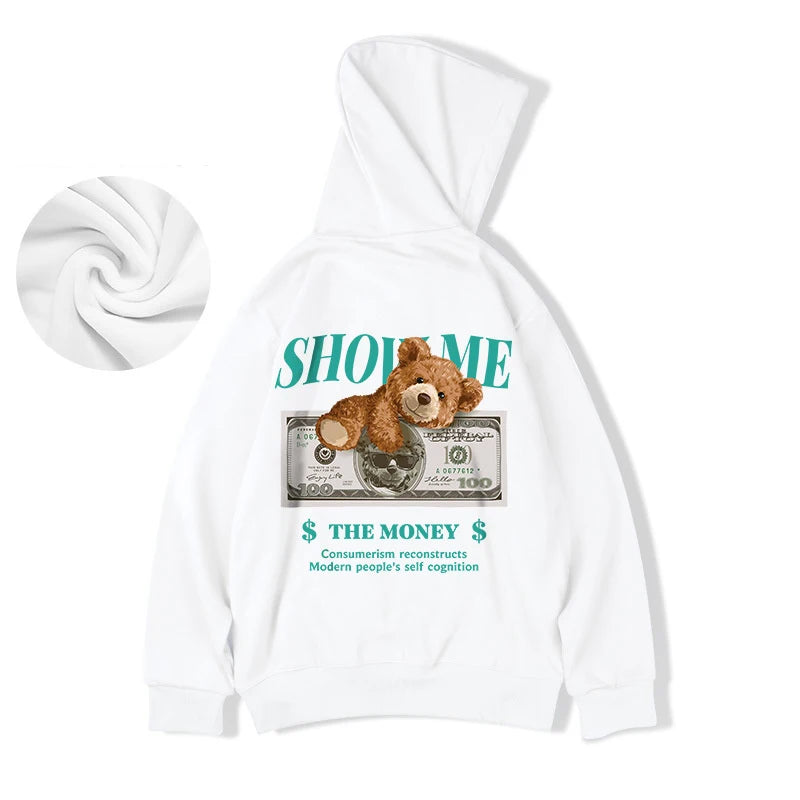 Money Bear Print Fleece Hoodies For Men Autumn Hip Hop Hooded Sweatshirts Unisex Pullovers Streetwear y2k Hoodie Tracksuit Homme Street King Limited