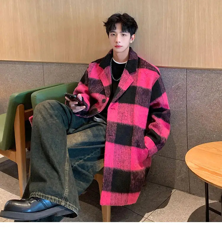 plaid woolen trenchcoat men autumn winter fashion retro streetwear suit collar loose casual trendy trench coat outerwear unique default style 1203