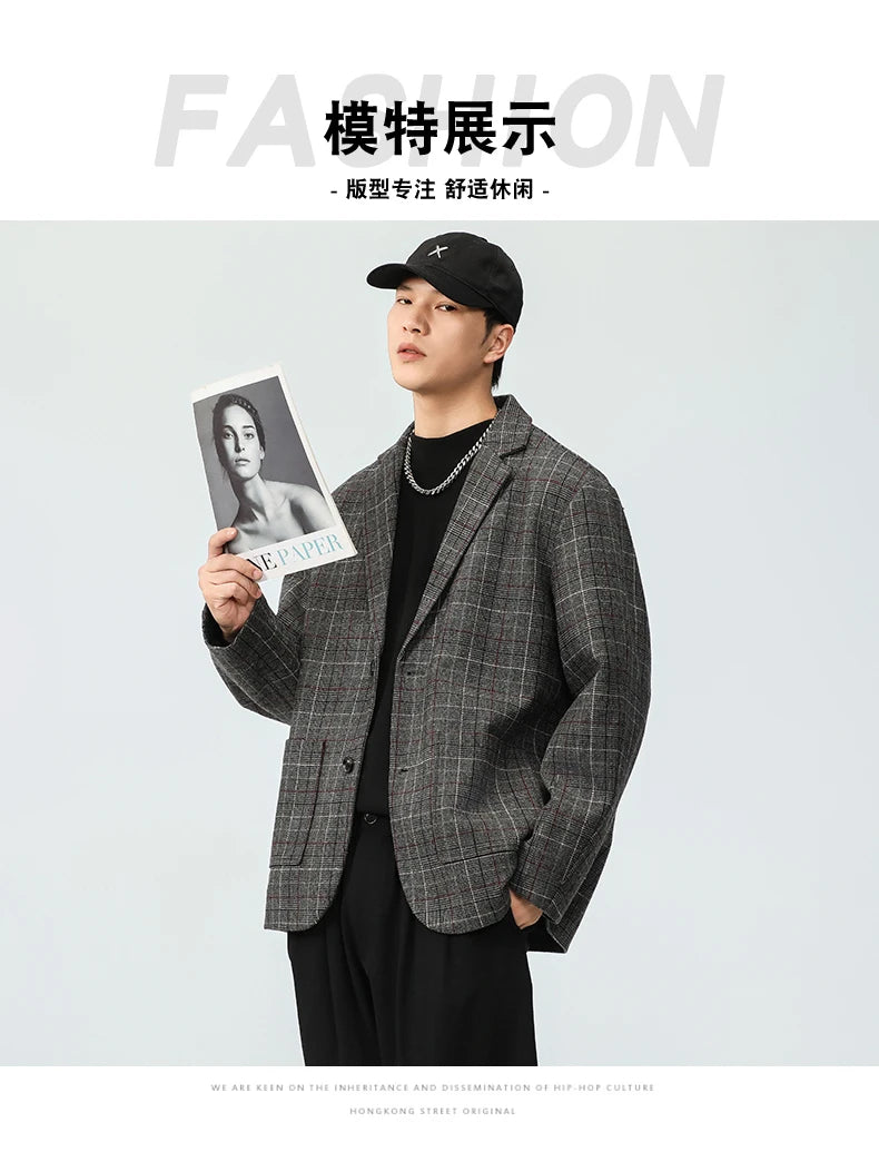 men autumn winter retro casual plus size thick plaid blazer jacket commuter man business streetwear fashion suit coat outerwear unique default style 1376