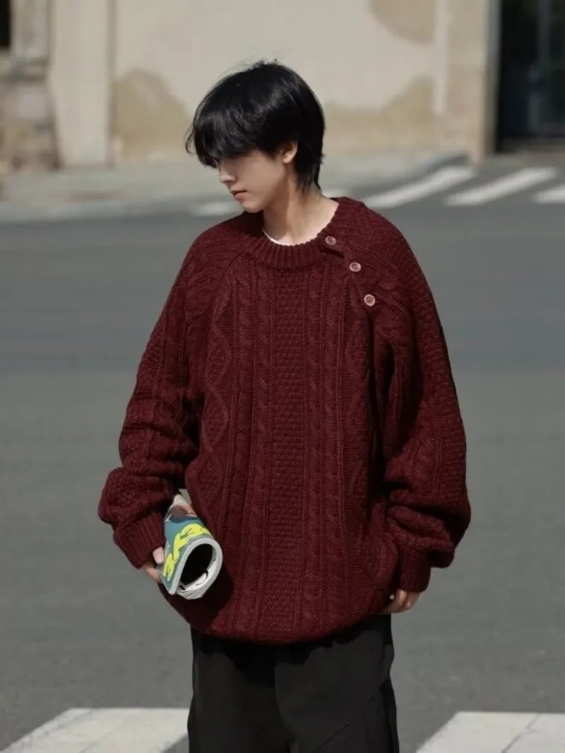 Thicken Japanese Retro Sweater Mens 2024 New College Couples Casual Warm Round Neck Pullover Red Simplicity Knitted Jacket Street King Limited