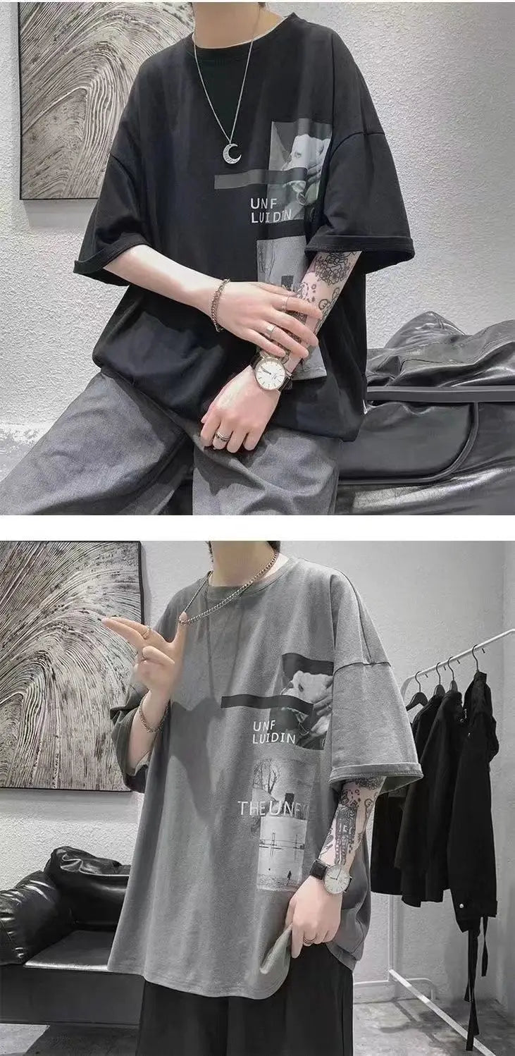 T-shirt men's 2024 summer new Korean style short-sleeved fat man versatile top student trendy T-shirt men clothing y2k tops emo Street King Limited