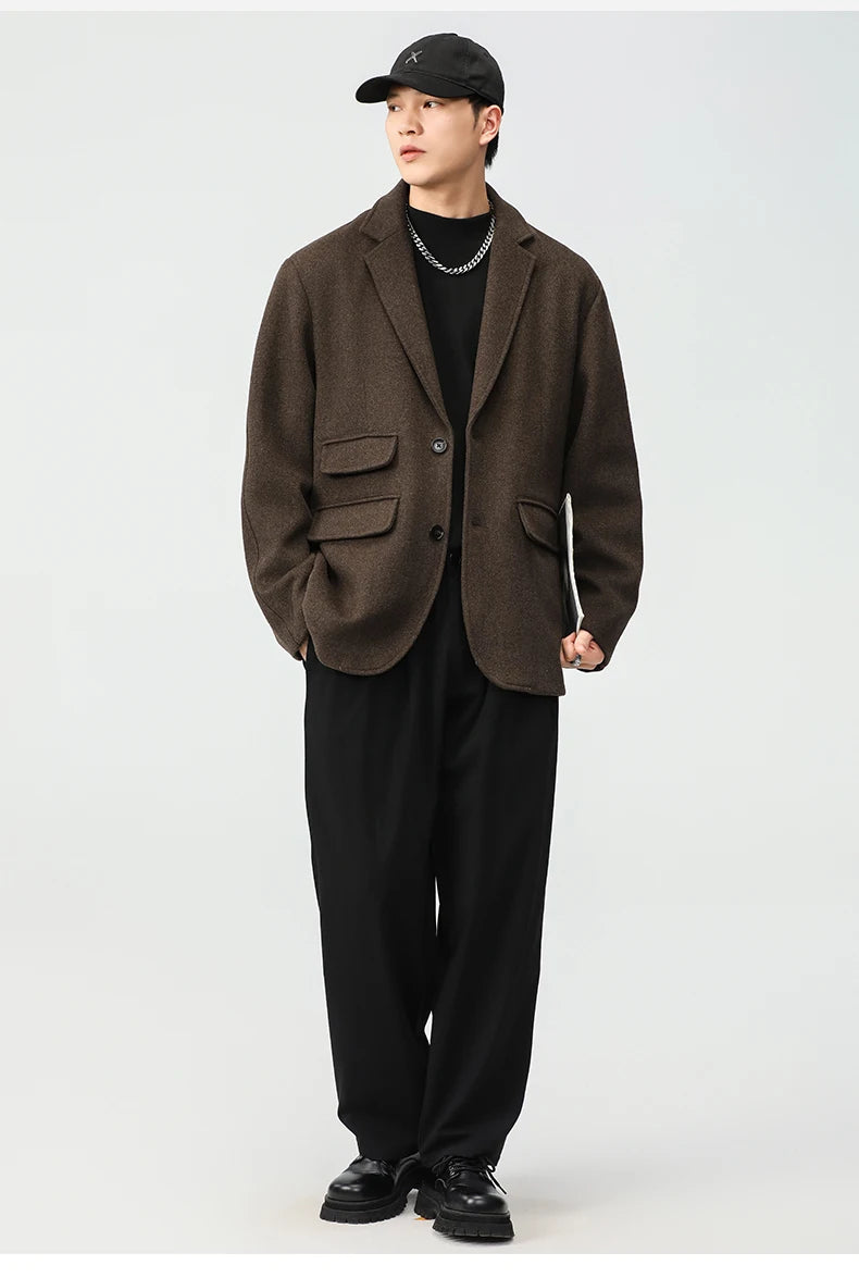 men autumn winter streetwear fashion retro wool thick blazer jacket commuter business casual plus size suit coat outerwear unique default style 1357