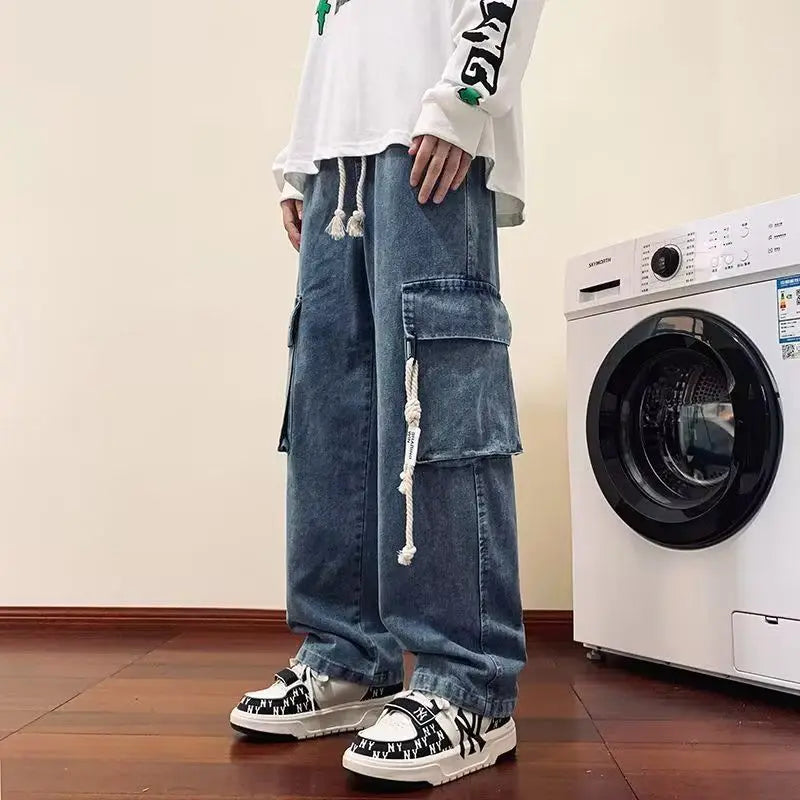 american retro and personalized straight leg jeans for men and women with hiphop big pocket design work pants loose casual pants ripped baggy denim