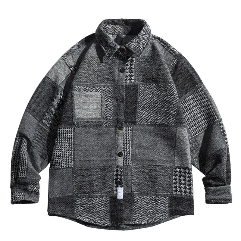 Autumn And Winter Japanese Vintage Splicing Plaid Shirt Men's Brushed Long-Sleeved Casual Thickened Versatile Woolen Shirt Street King Limited