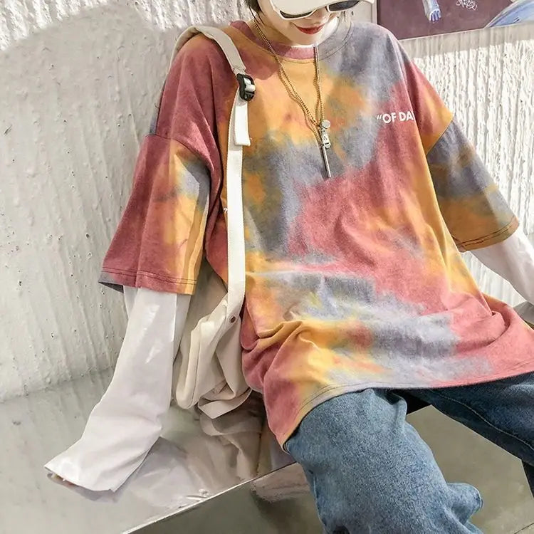 Summer national trend hip-hop tie-dye short-sleevedstyle Korean version ins loose couple's five-point half-sleeved T-shirt top Street King Limited