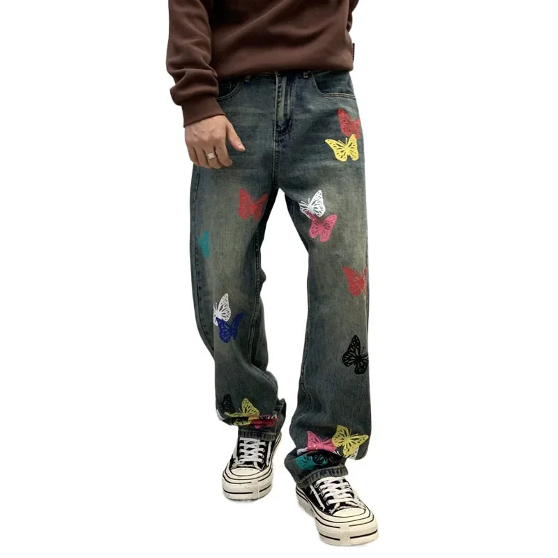 butterfly print jeans men streetwear fashion vibe loose casual hiphop straight washed denim pant jeans cityboy teen trousers denim street jeans