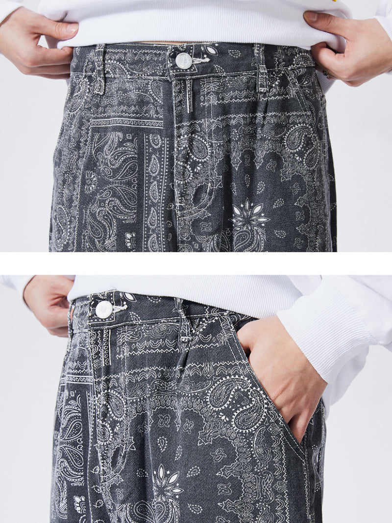 mens hip hop straight denim jeans pants fashion zipper paisley jeans streetwear casual loose trousers pants joggers baggy jeans unique joggers style 1802