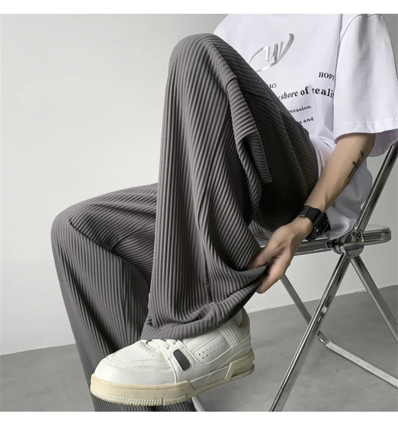 summer texture straight pants for men korean fashion baggy wide leg trousers casual drape pleated striped y2k pantalones hombre unique default style 480