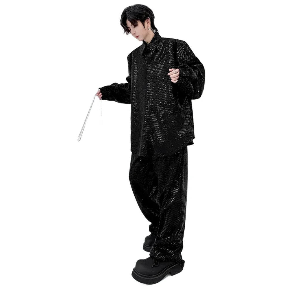 mens sequin 2 piece sets loose casual long sleeve shirt pant stage fashion party show clothing dress shirts trousers costumes relaxed fit trousers