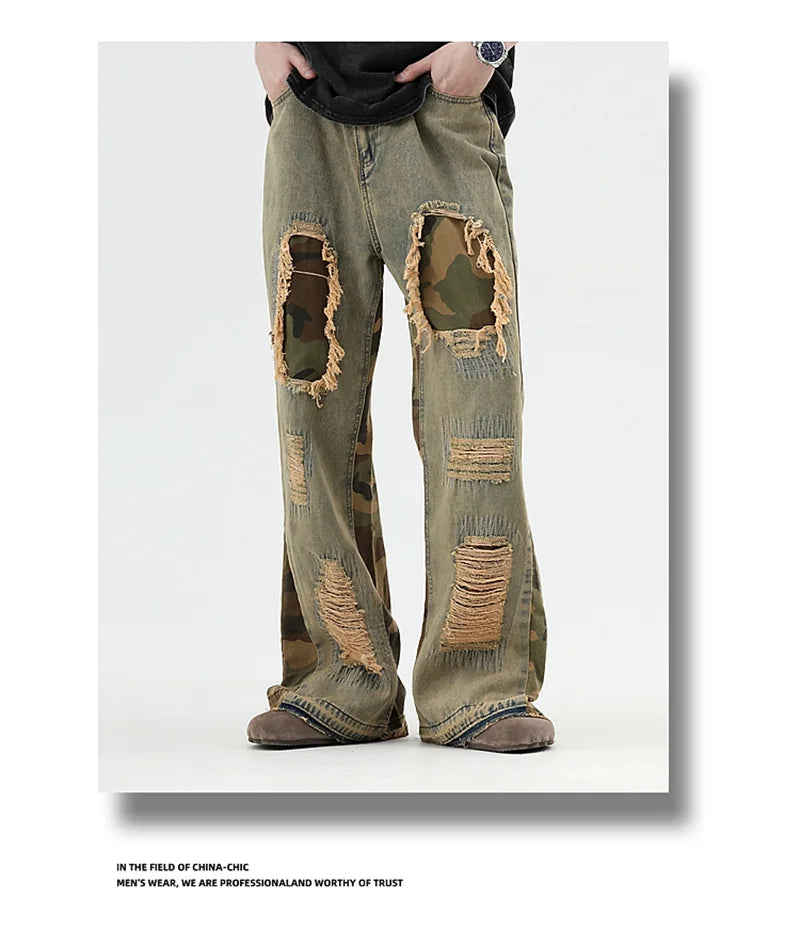 hip hop camouflage ripped patchwork denim pants for men y2k vintage streetwear wide leg jean 2025 new distressed baggy jeans unique jeans style 316