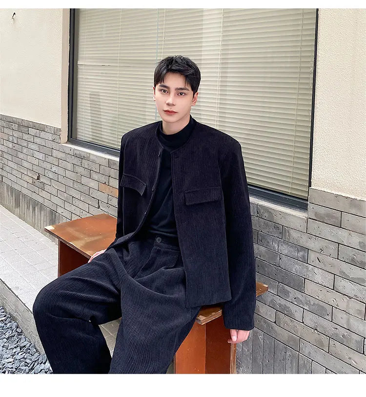 men 2 pieces sets corduroy short jacket wide leg pant suits korean streetwear fashion loose casual retro coat baggy trousers unique shorts style 2699