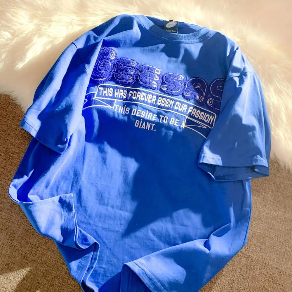 Retro Klein Blue Flocking Embroidery T Shirts Fashion Preppy Oversized Short Sleeve Tops 2022 Summer Large 3XL Casual Men Women Street King Limited