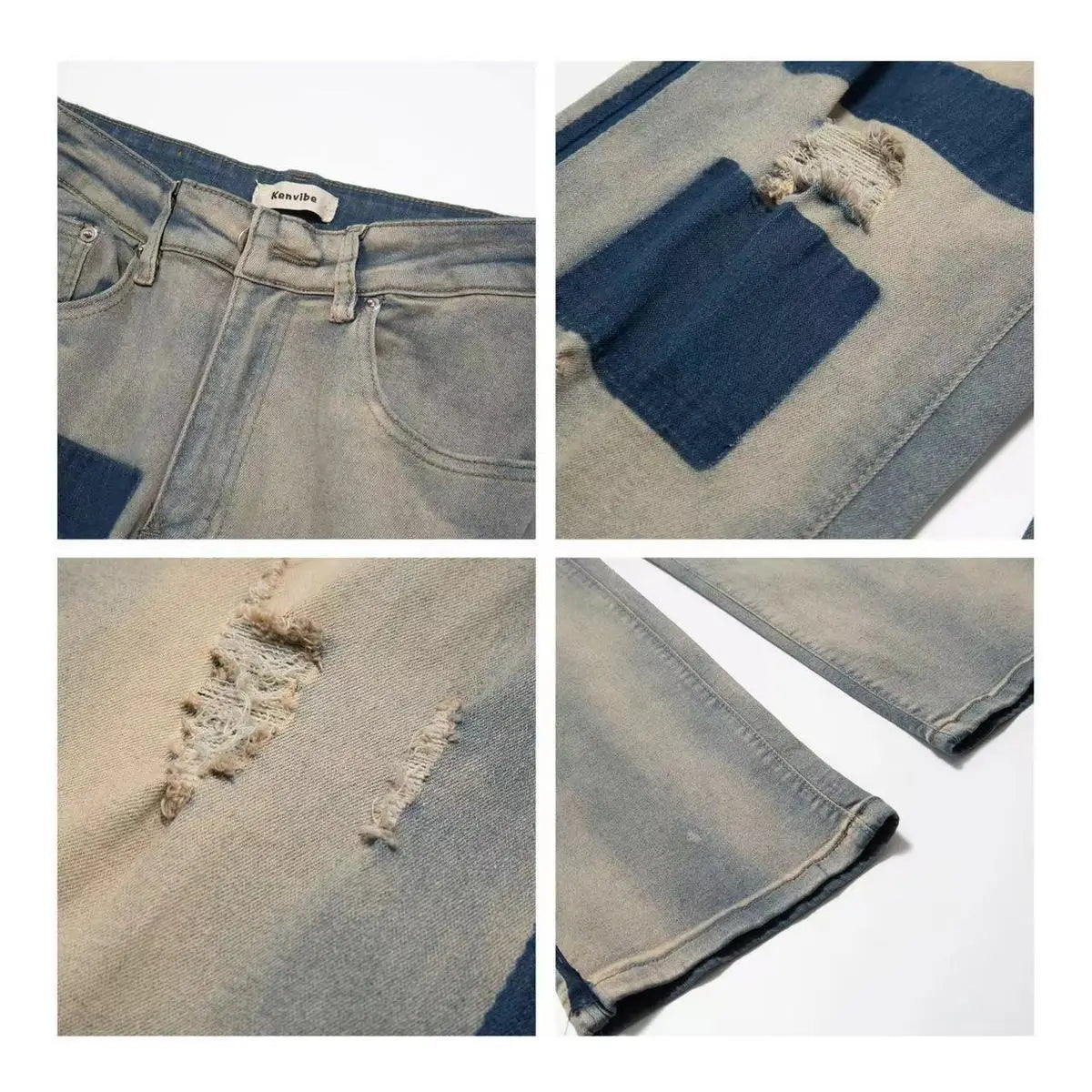 men and women trendy high street retro washed ripped color blocked jeans summer hip hop loose straight leg casual pants y2k unique jeans style 821