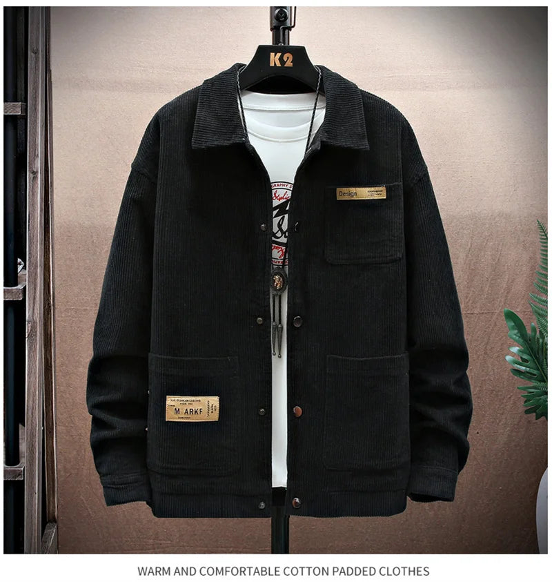 Streetwear Spring Appliques Long Sleeve Corduroy Shirts For Men Button Patchwork 2025 Spring Appliques Long Sleeve Corduroy Shirts For Men Button Patchwork Turn Down Collar Cargo Shirt Korean Fashion Jackets Fashion Sweater Jacket With Graphic Design For Men
