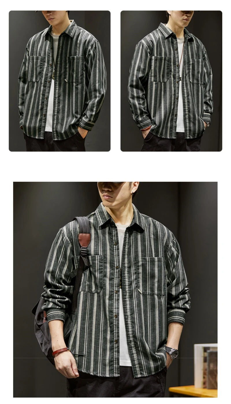 Streetwear Autumn Loose Striped Long Sleeve Shirts For Men Korean Fashion High Qu Autumn Loose Striped Long Sleeve Shirts For Men Korean Fashion High Quality Casual Shirt Y2K Streetwear Stand Collar T Shirts Fashion Sweater Jacket With Graphic Design For Men
