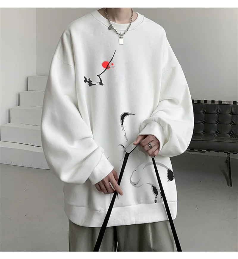 Ink Painting Cartoon Crane Printed Pullover Hoodies For Men 2024 New Hip Hop Fashion Crewneck Hoody Y2K Streetwear Sweatshirts Street King Limited