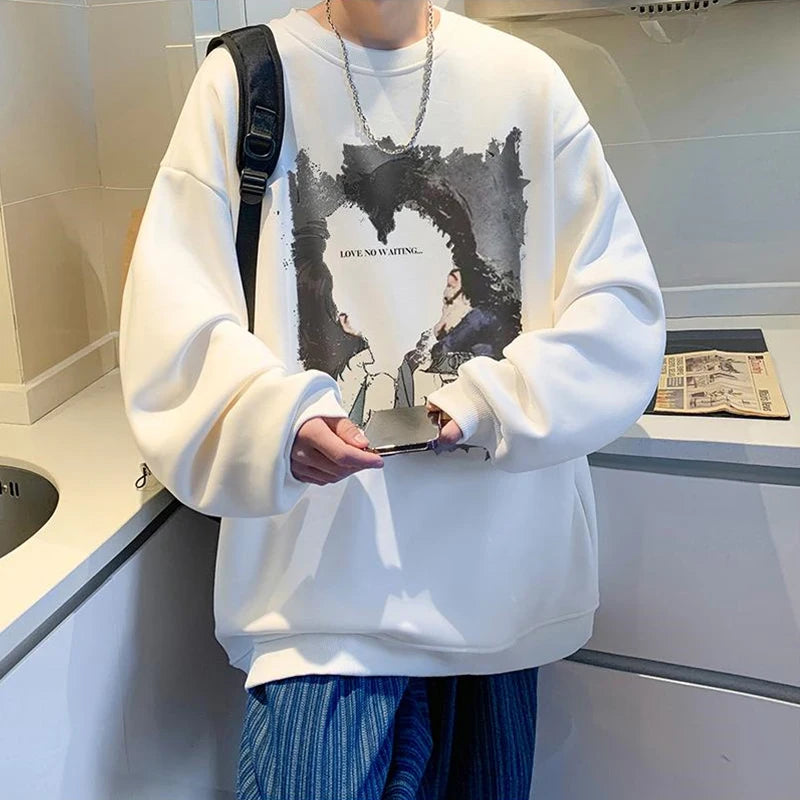 Men's Oversized Love No Watting Letter Graphic Sweatshirts 2025 Korean Fashions Sudaderas para Hombres Streetwear Y2K Hoodies Street King Limited