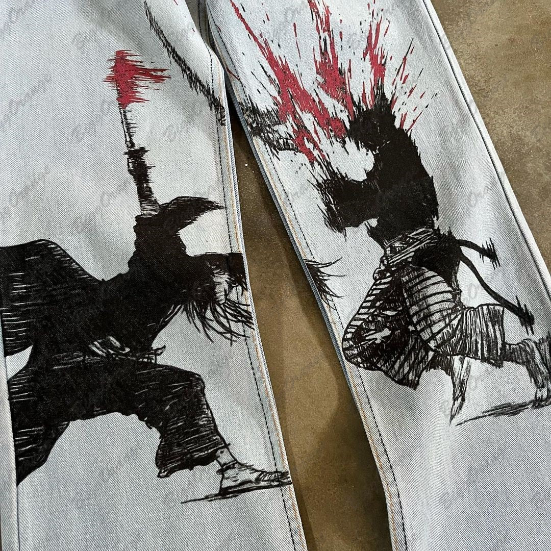 y2k medieval samurai print jeans vintage high street hip hop loose wide leg mens and womens trousers baggy jeans women denim street jeans