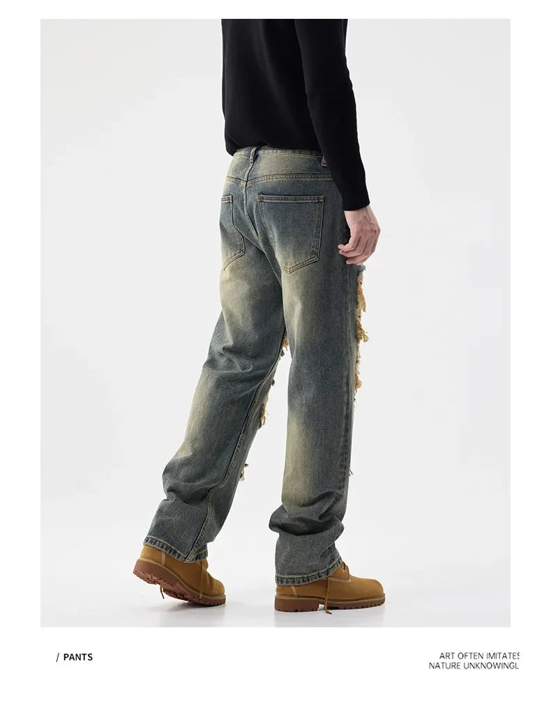 men broken hole patch loose casual plus size straight ripped denim pants jeans man streetwear fashion baggy jeans trousers unique jeans style 3043
