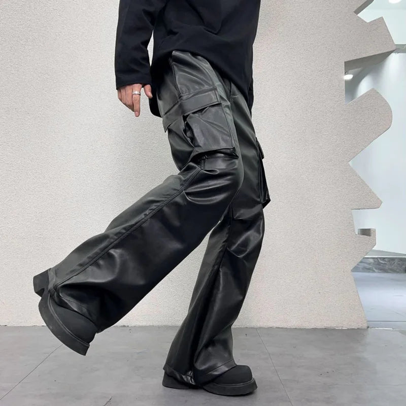 pu leather pants mens streetwear fashion hip hop vibe casual faux leather cargo flared pant men motorcycle trousers unique cargo style 2942