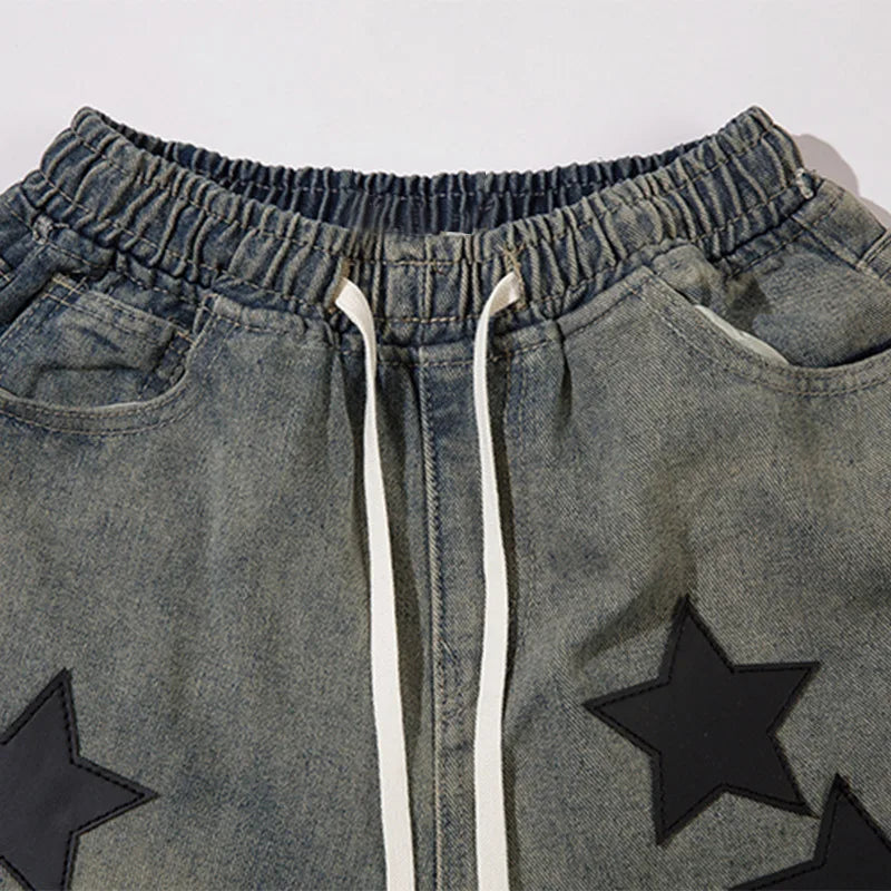 Men Baggy Jeans Star Printed Strap Design Denim Pants Harajuku Vintage Elastic Waist Oversized Casual Straight Trousers Unisex Street King Limited