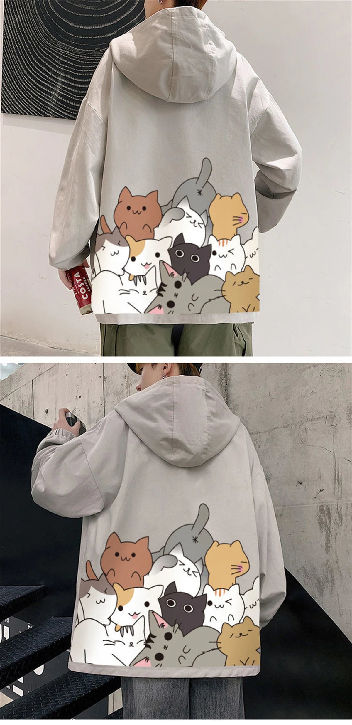 Black Cat Print Baseball Jacket Boys Long Sleeve Loose Ins Harajuku High Street Tops Streetwear Gothic Gray Bomber Jacket Men Street King Limited