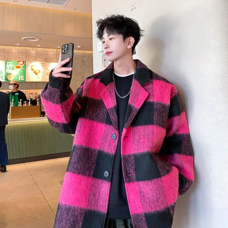 plaid woolen trenchcoat men autumn winter fashion retro streetwear suit collar loose casual trendy trench coat outerwear unique default style 1207