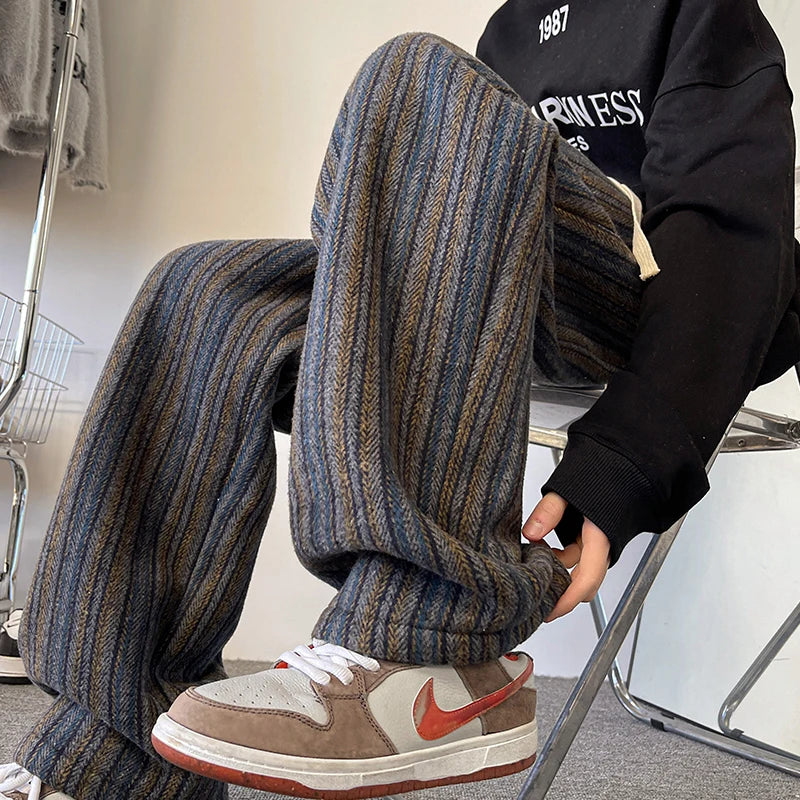high quality stripe plaid mens trousers baggy straight fashion classic padded autumn winter casual pants male plus size m 8xl unique default style 1185