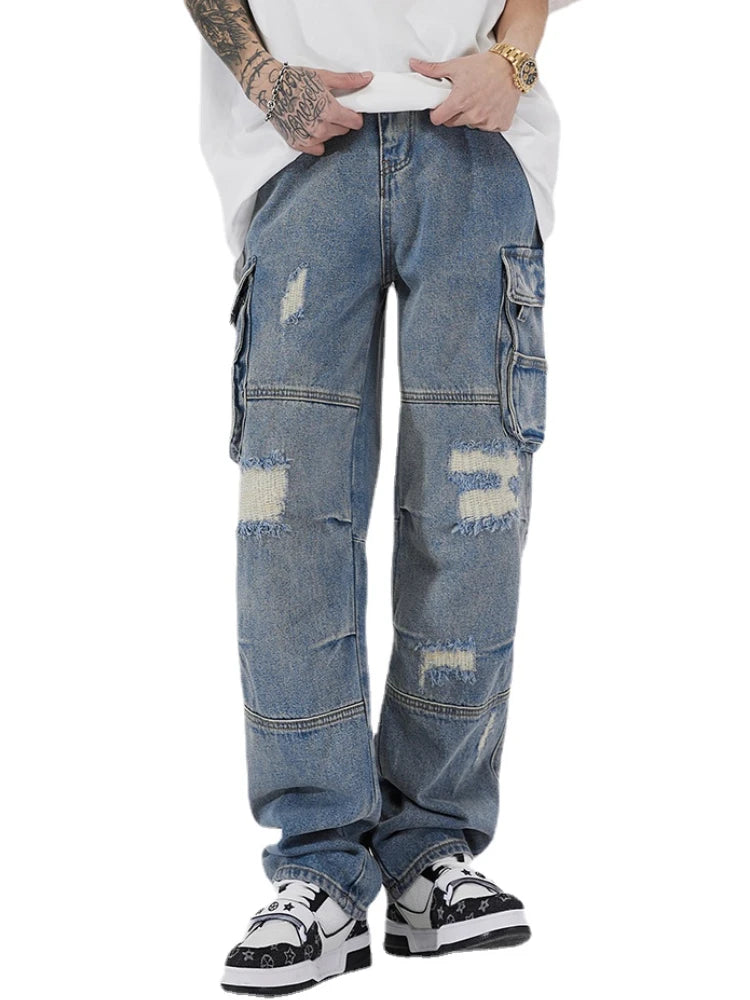 mens baggy jeans side big pocket distressed ripped denim jean straight pants high street cargo jean pants hip hop joggers jeans casual joggers