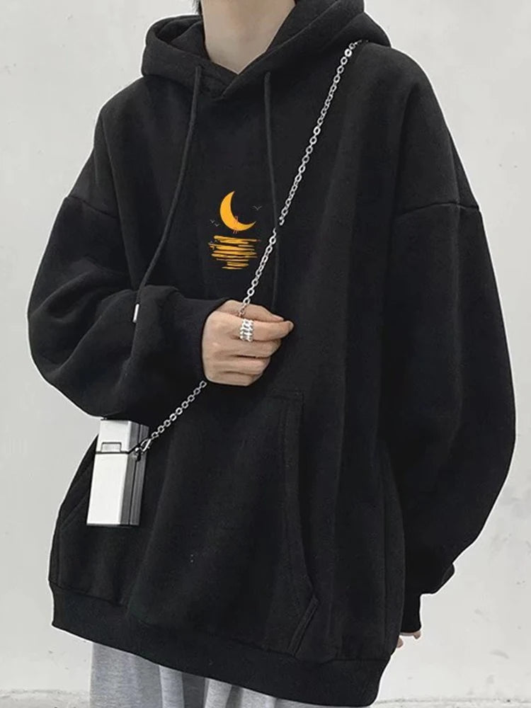 Cartoon Moon Graphic Hoodies Men Casual Hip Hop Streetwear Fleece Hooded Sweatshirt Autumn Y2K Vintage Pullover Hoody Hombre Street King Limited