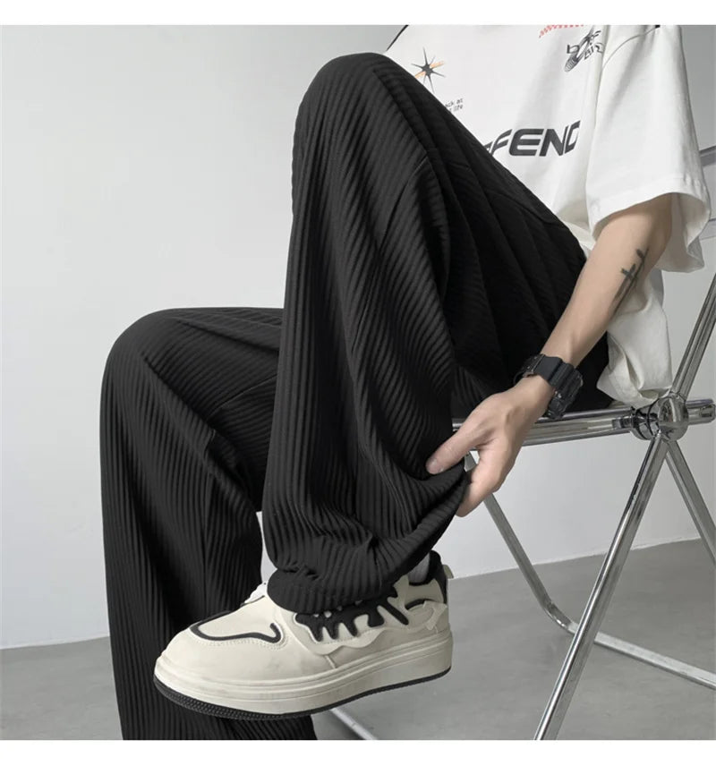 summer texture straight pants for men korean fashion baggy wide leg trousers casual drape pleated striped y2k pantalones hombre unique default style 492