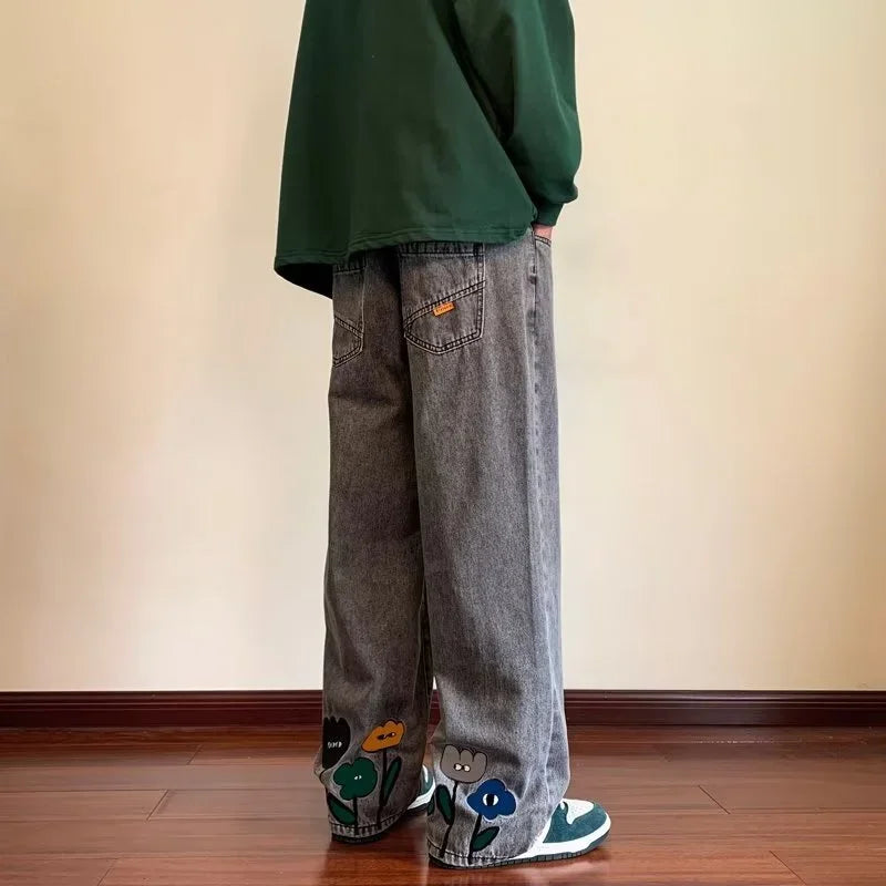 new mens y2k flower printed baggy jeans 2025 streetwear american casual denim wide leg pants hombre vintage straight trousers stacked flare jeans