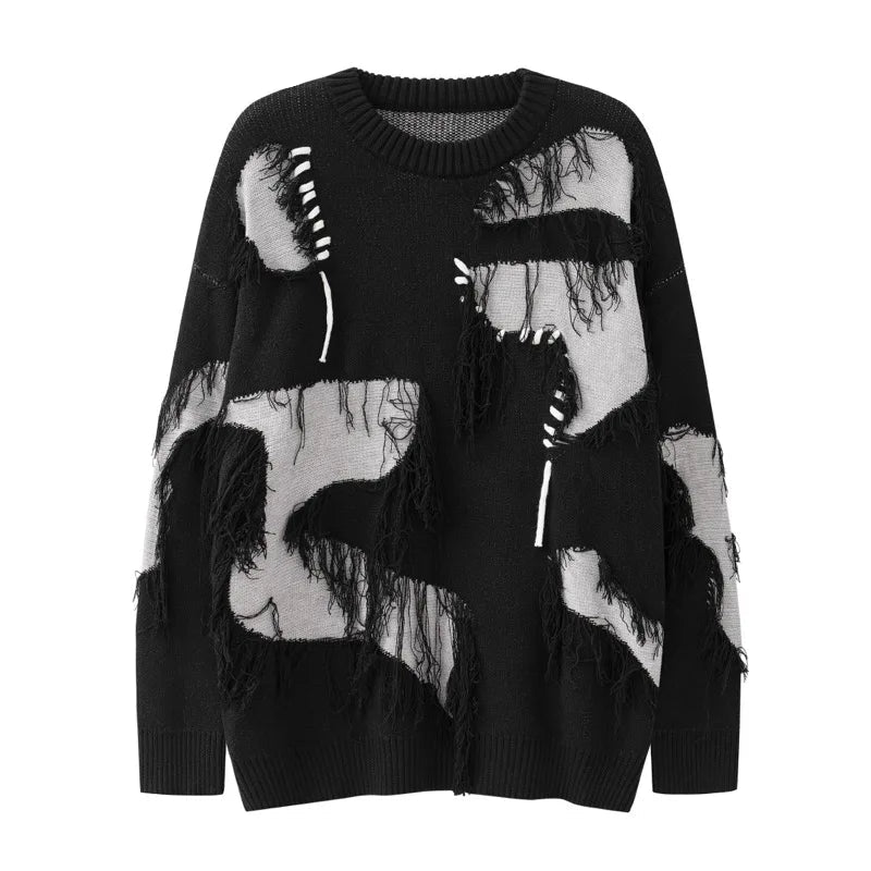 Mens Knitted Sweater Fashion Tassel Irregular Block Pullovers Casual O-neck Unisex Harajuku Y2k Streetwear Loose Knit Jumpers Street King Limited