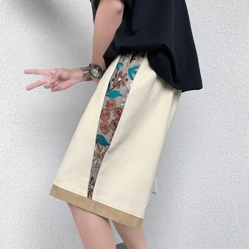 Summer Embroidery Shorts Men Fashion Casual Flower Shorts Mens Japanese Streetwear Loose Hip-hop Straight Shorts Men Plus Size Street King Limited