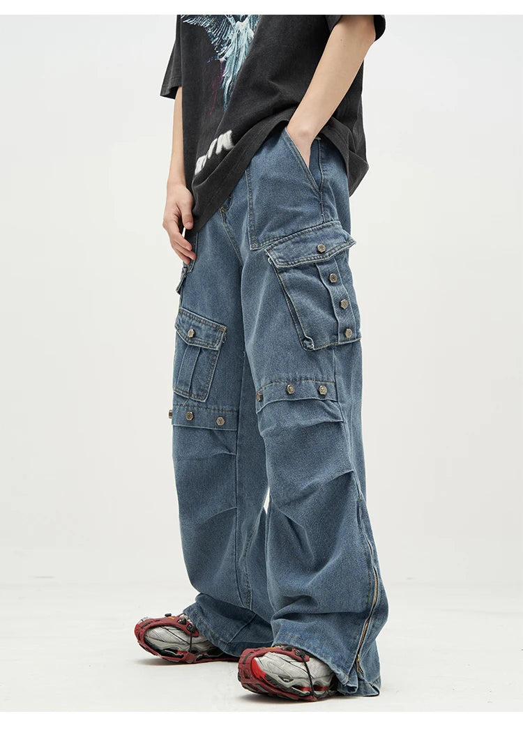 punk rivet denim jeans pants mens 2023 harajuku streetwear bottom zipper cotton casual oversize joggers straight pants trousers unique joggers style 3454