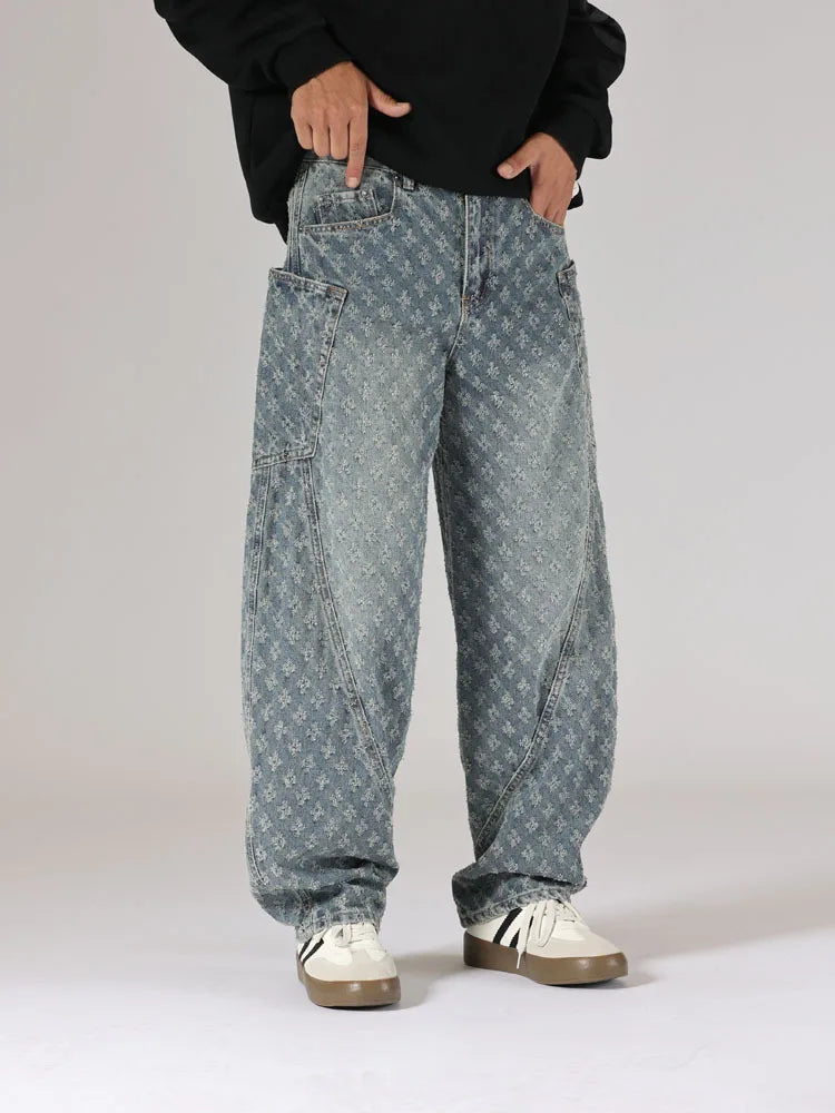 men brand fashion loose casual splice pocket jacquard vintage wide leg baggy jeans cityboy denim baggy jeans pants trousers unique jeans style 2847