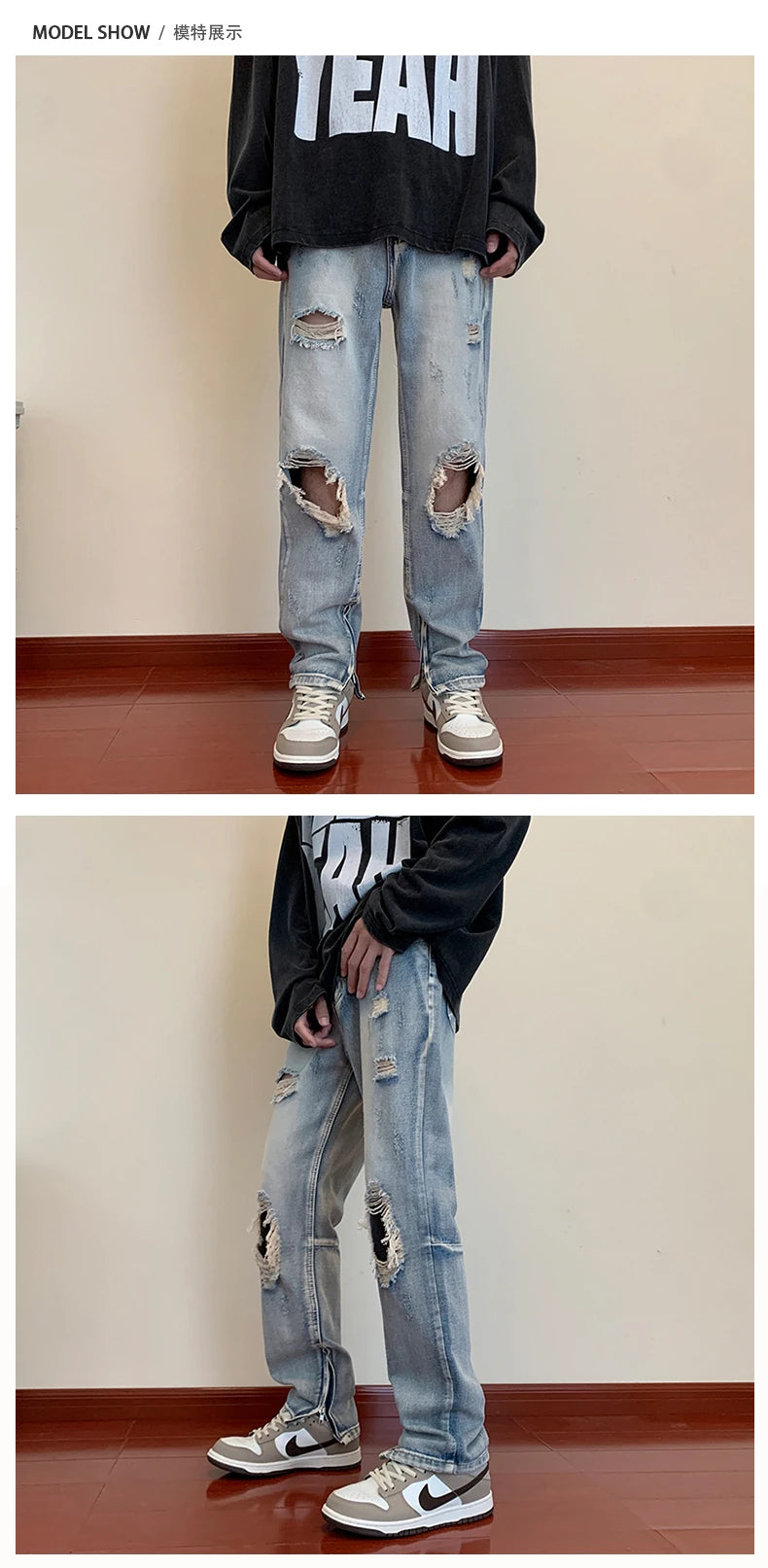 bottom zipper destroyed washed jeans skinny jeans ripped holes trousers men biker jeans fashion streetwear hip hop pants joggers unique joggers style 2009