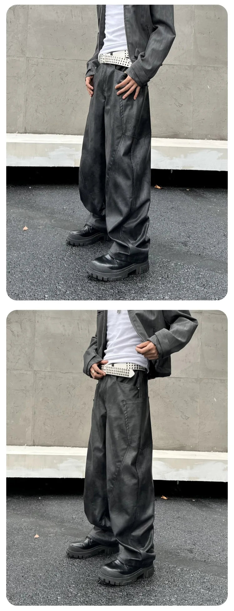 men brand fashion splice pocket loose casual wide leg leather baggy pant cityboy streetwear cargo motorcycle pants trousers unique cargo style 2426