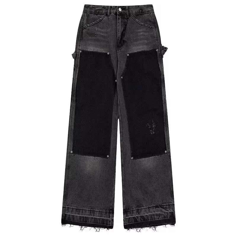 Summer Slim High Street Jeans Mens Washed Rough Edge Patchwork Straight Cowboy Pants Pockets Design Rivets Denim Trousers Thin Street King Limited