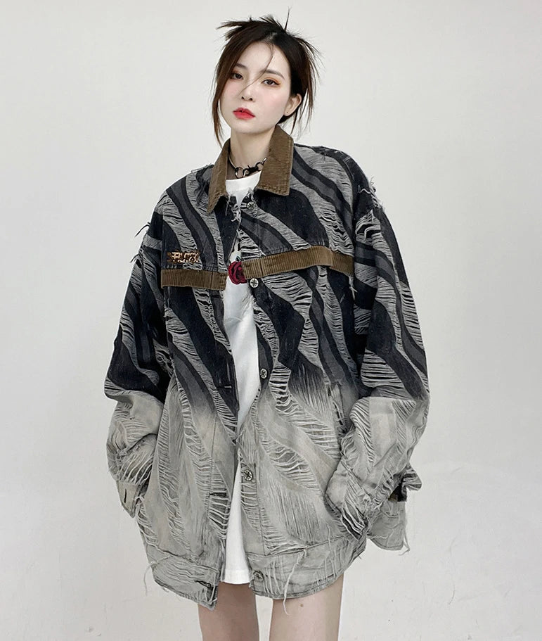 zebra printed harajuku denim jacket and coat mens hip hop patchwork ripped holes jeans outerwear casual streetwear jeans jackets unique jeans style 4695