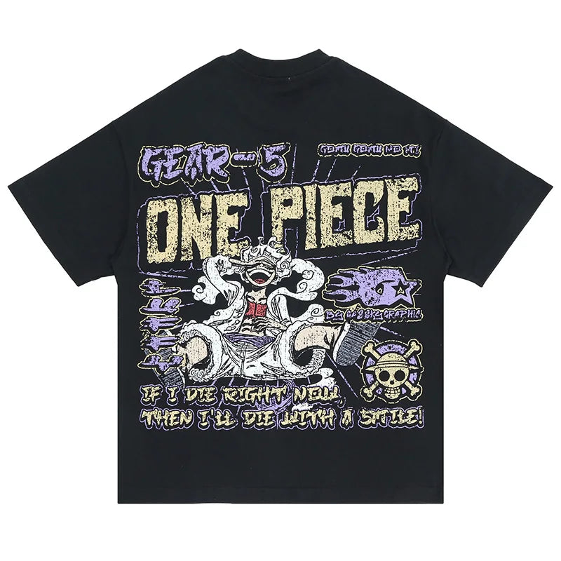 New High Street Hip Hop Cartoon Anime Printing Men Woman T-shirt Loose Casual Lovers Cotton Versatile Black Top Tees Street King Limited