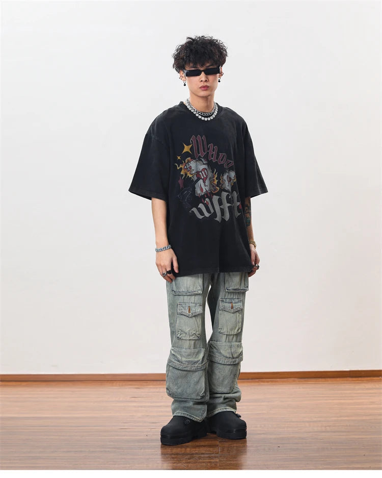 hip hop cargo denim pants streetwear plain denim pants mens harajuku cotton casual joggers jeans loose straight pants trousers unique joggers style 2850