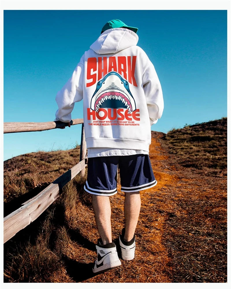 New in Anime Shark Graphic Printed Hooded Sweatshirts Men Hip Hop Fashion Pullover Hoodies Y2K Streetwear Loose Fleece Hoody Street King Limited