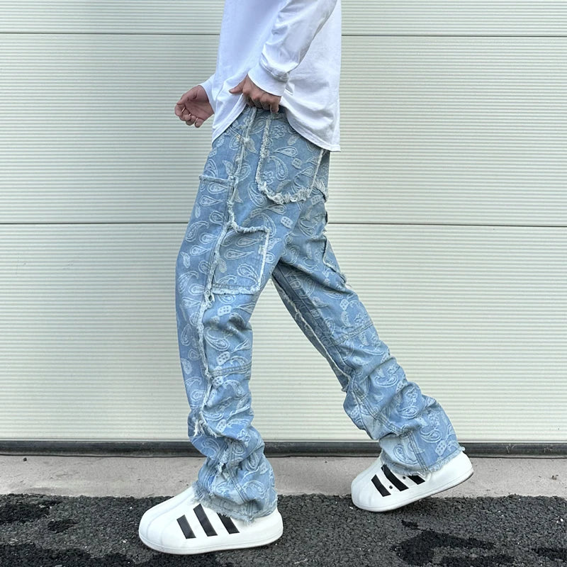 vintage high street washed light blue flared jeans cashew flower jacquard pattern rough edge jeans pants for men and women unique jeans style 915