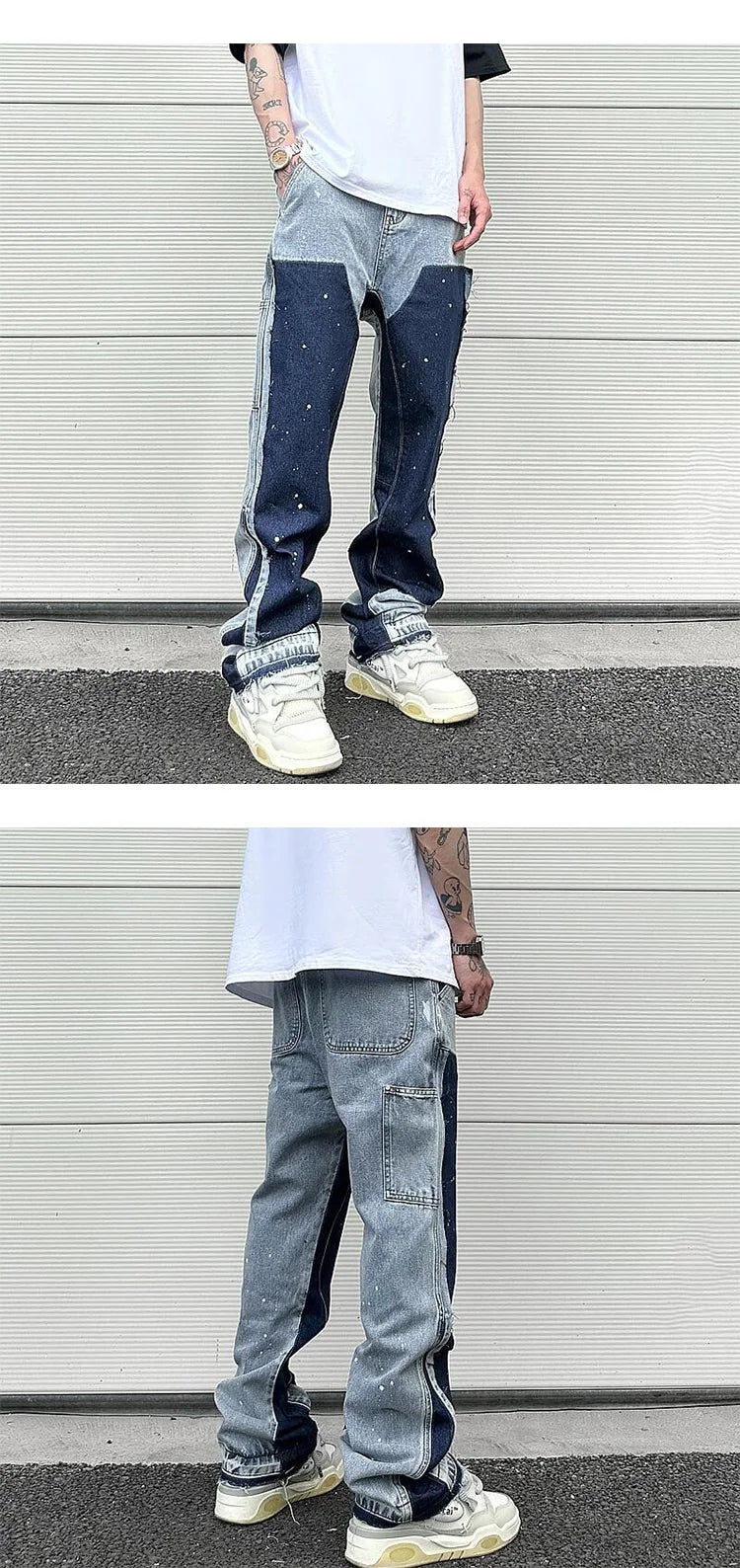 Harajuku Black Graffiti Flared Jeans Pants Patches Hip Hop Splashed Ink Wide Jeans Trousers Blue Slim Fit Washed Jeans for Men Street King Limited
