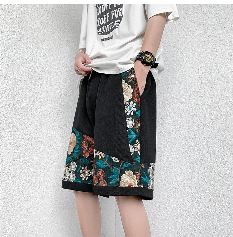 Summer Embroidery Shorts Men Fashion Casual Flower Shorts Mens Japanese Streetwear Loose Hip-hop Straight Shorts Men Plus Size Street King Limited