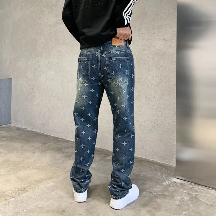 autumn winter new trendy brand jacquard jeans men high street hiphop casual fashion loose denim jeans pants boyfriend trousers unique jeans style 2834