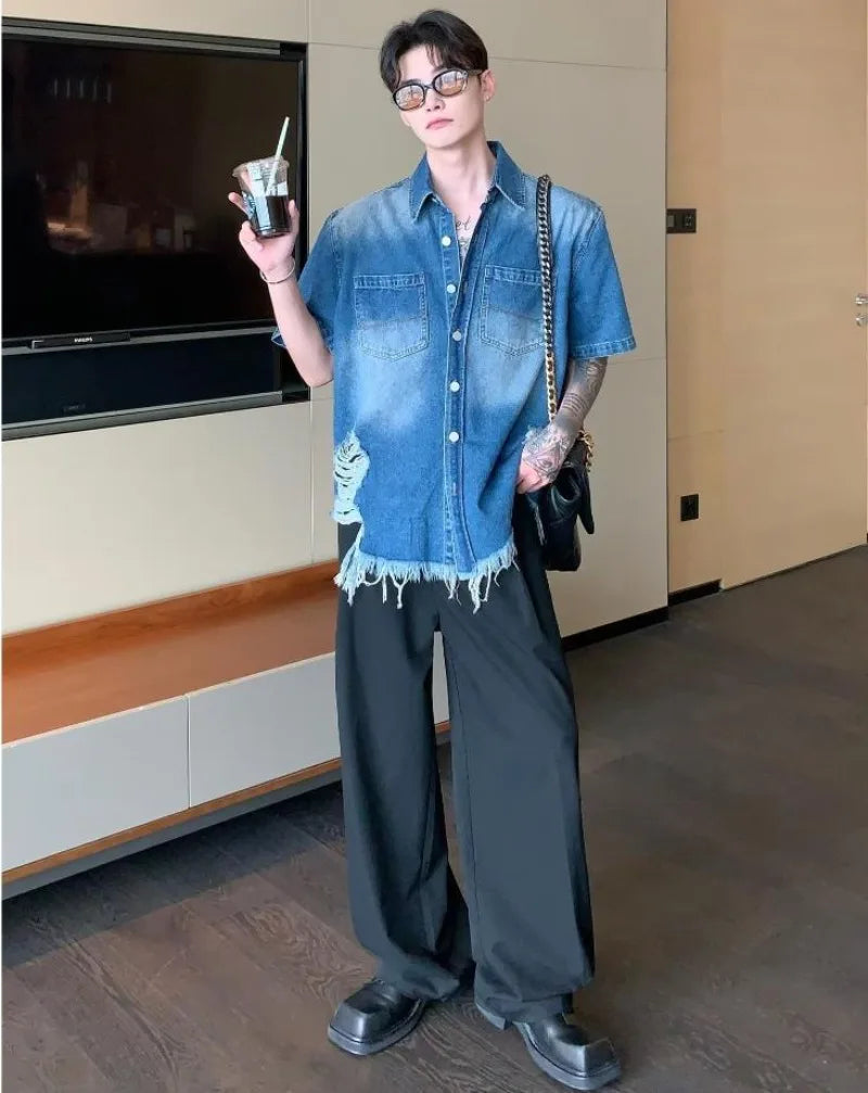 summer trend mens set shoulder padded short sleeved denim shirt quick drying casual pants 2 pcs set american retro street suit unique jeans style 3897