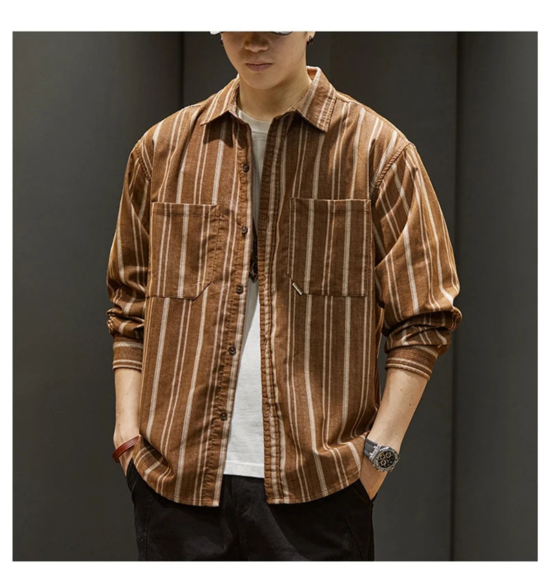 Streetwear Autumn Loose Striped Long Sleeve Shirts For Men Korean Fashion High Qu Autumn Loose Striped Long Sleeve Shirts For Men Korean Fashion High Quality Casual Shirt Y2K Streetwear Stand Collar T Shirts Fashion Sweater Jacket With Graphic Design For Men