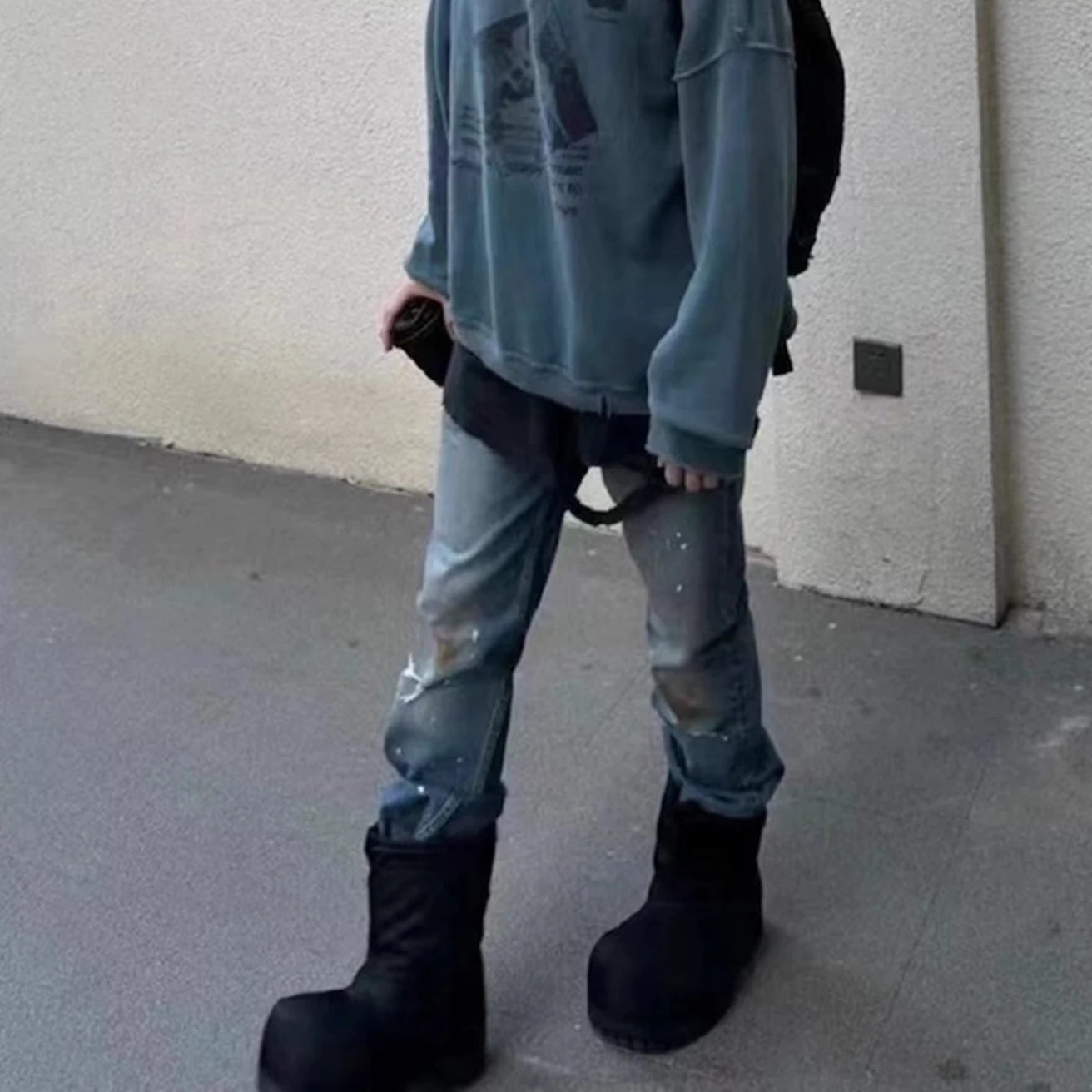 Burn Damaged Mud Dyed Washed Blue Micro Flared Jeans for Men Hip Hop Hole Distressed Baggy Denim Trousers Oversiozed Cargos Street King Limited